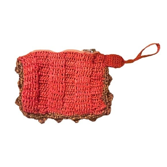 Jamin Puech Paris Hand Crocheted Raffia Straw Orange Zipper Pouch Bag Wallet - Picture 1 of 12